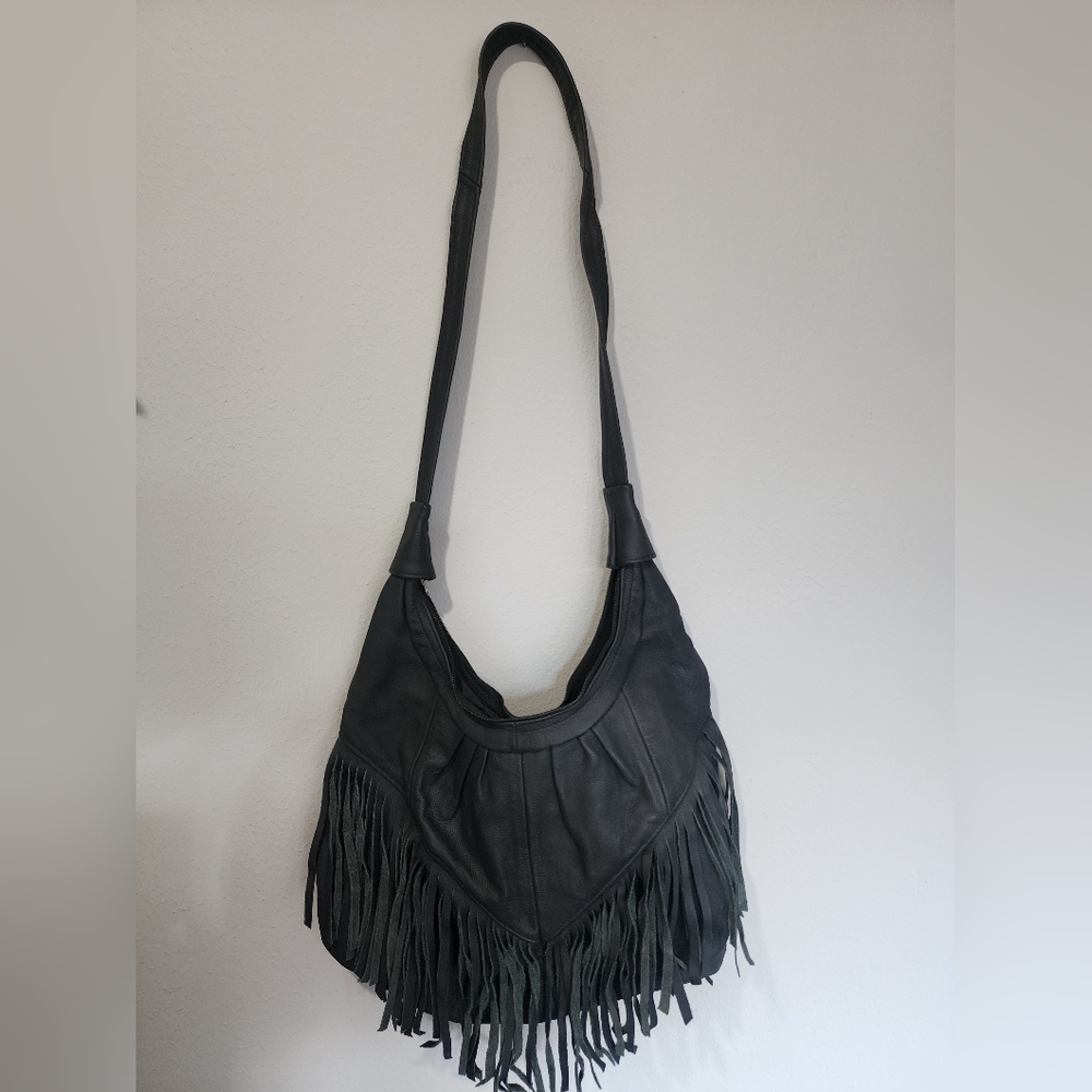 Fringed Black Leather Shoulder Bag